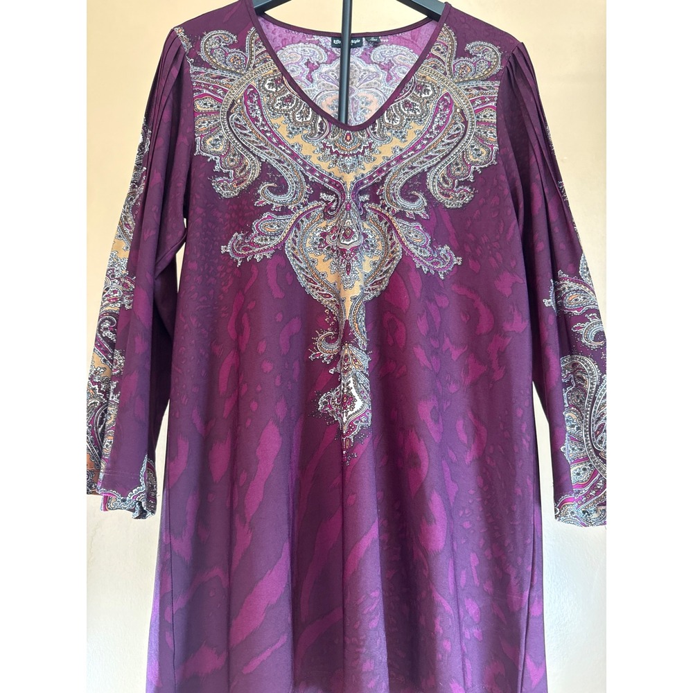 Effortless Style‎ by Citiknits Purple Paisley Animal Print V-Neck Tunic Top M